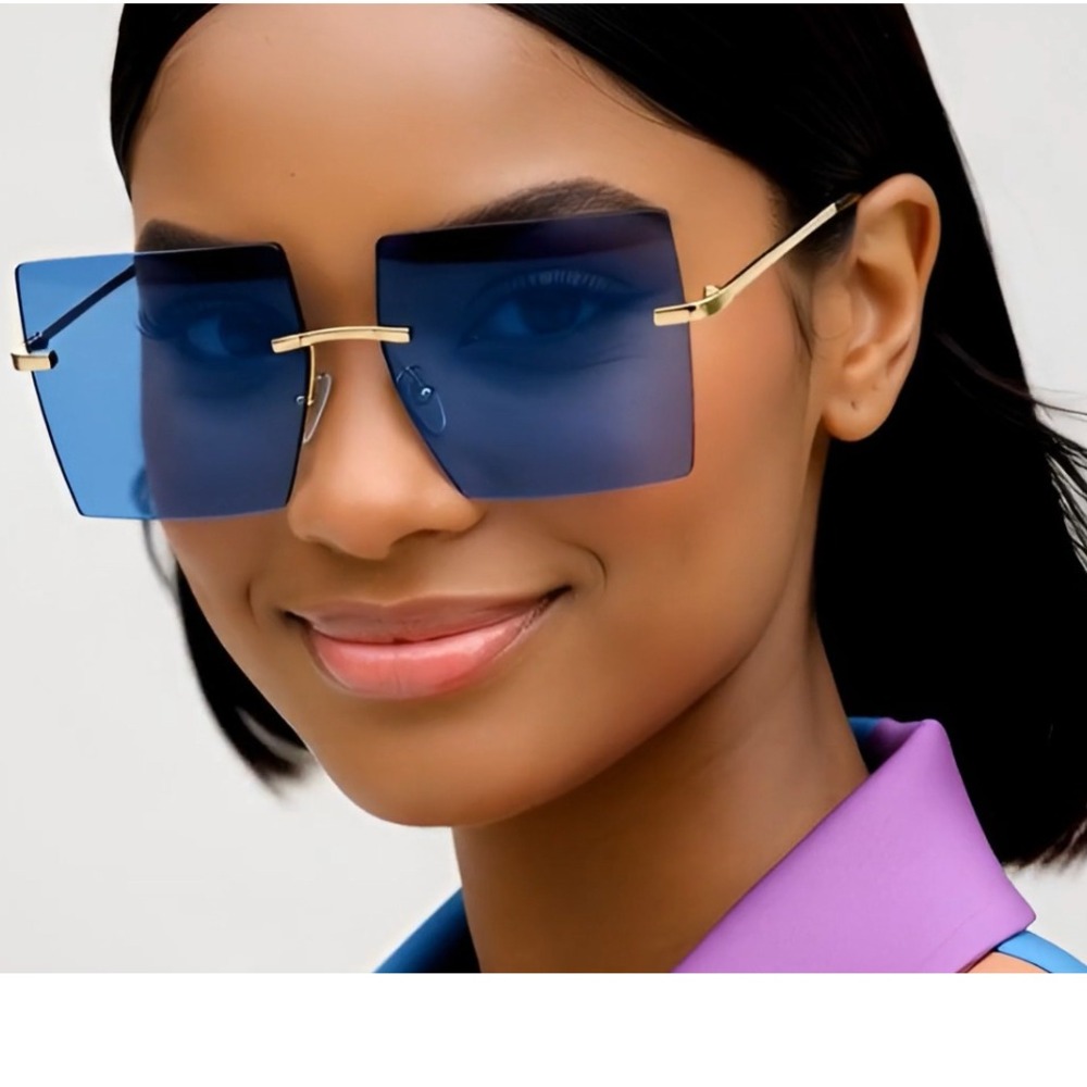 Square Sunglasses‎ Rimless Oversized Fashion Blue Tinted Lens Sun Glasses Women